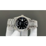 Sunday Calendar series women's watch, black dial, silver bezel, 36mm, with diamond-set silver President-style bracelet.